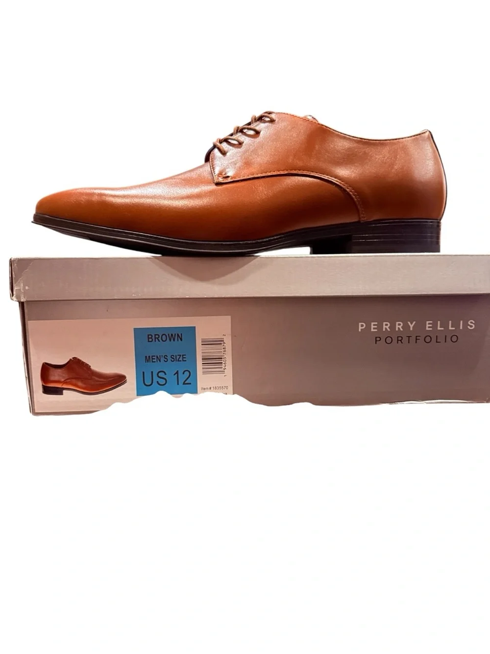 Perry Ellis Men’s Camel Brown Leather Dress Oxford Derby Lace Up Shoes Sz 12